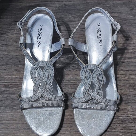 LONDON FOG Macey Demi-Wedge Dress Sandals size 8.5 silver with rhinestones - Picture 4 of 13